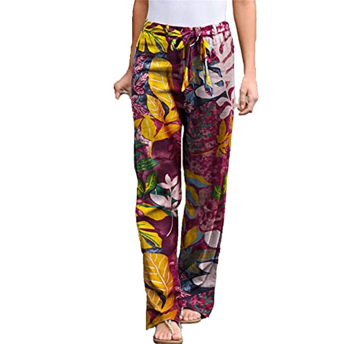 Maiyifu-GJ Women Floral Print Linen Belted Pants Elastic High Waist Printed Hippie Trousers Casual Beach Wide Leg Lounge Pant (Color,4X-Large)