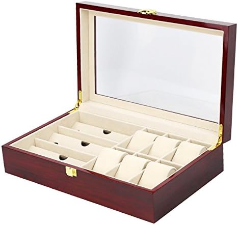 The perseids 6 Slots Wooden Watch Display Box with 3 Grids Glasses Holder Storage Case for 6 Watches & 3 Glasses Storage Jewelry Organizer Men Women