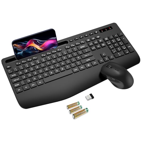 Wireless Keyboard and Mouse Set, Wrist Rest, Mobile Phone Holder, Batteries Included, 2.4g Delay-Free Ergonomic Wireless Keyboard Set, Silent Keyboard and Mouse for Laptops, PC, Mac, Windows - SABLUTE Wireless Keyboard and Mouse Set, Wrist Rest, Mobile Phone Holder, Batteries Included, 2.4g Delay-Free Ergonomic Wireless Keyboard Set, Silent Keyboard and Mouse for Laptops, PC, Mac, Windows - SABLUTE
