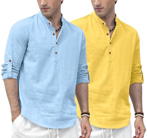 Image of Zombom Men's Combo Cotton Polyester Blend Solid Full Sleeve Straight Regular Fit Mandarin /Chinese Collor Kurta (Pack of 2)