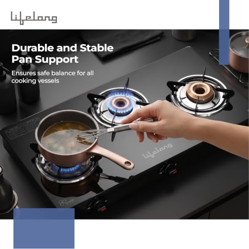 Image of Lifelong 3 Burner Gas Stove Top for Kitchen - Brass Burner Manual Ignition Cooktop Modern Glass Stove for Modular Kitchen, ISI Certified & Compatible with LPG - 1 Year Manufacturer's (Black, LLGS003)