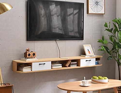 Naścienna pływająca szafka pod telewizor – szafka z litego drewna z otworem na drut do odtwarzacza Blu-Ray, dekoder satelitarny, dekoder telewizji kablowej i konsol do gier – stylowe meble do rozrywki