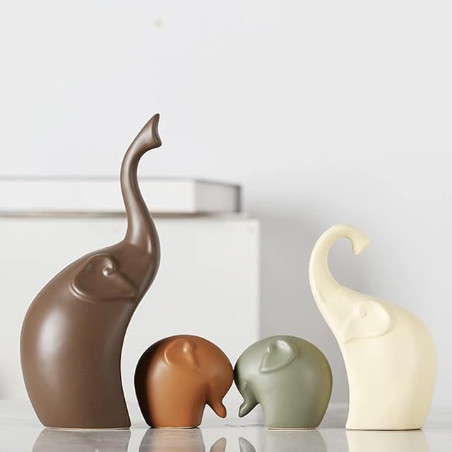 Elephant Family Figurines Porcelain Sculptures Statues(Set of 4),Ceramic Decoration Animals Set Crafts Ornaments Home Decor.