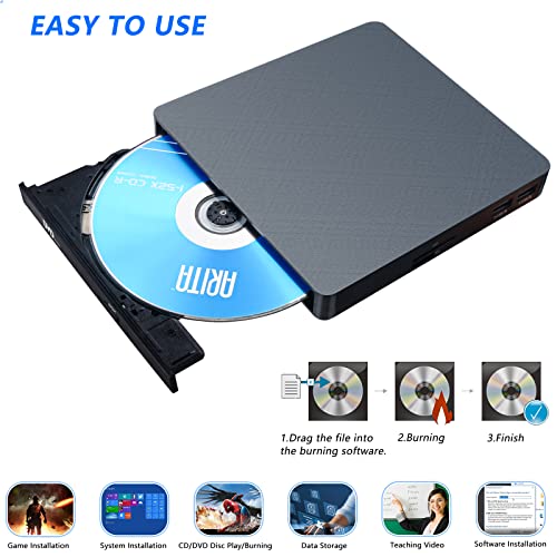 Image of HATOKU External CD /DVD Drive for Laptop (USB 3.0 & USB-C): 8X DVD /24X CD Burner - Portable DVD Player for Laptop - Plug & Play External CD Drive for PC Desktop Windows 11 10 8 7 MacOS Linux (Grey)