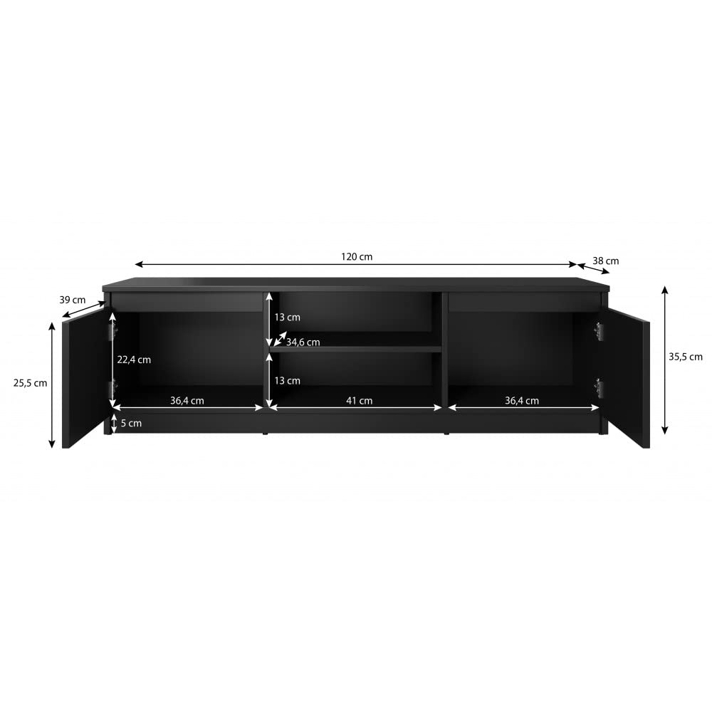 MINIO go for it - RTV Dingo TV Schrank 120cm Breit, TV Lowboard | Schwarz Matt, Lowboard für Fernseher TV-Kommode Fernsehschrank TV lowboard stehend mit 2 Klapptüren 2 offenen Fächern