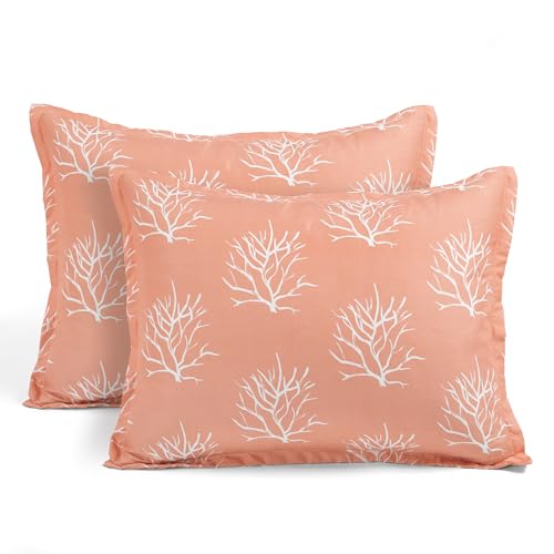 Image of Lush Decor Coastal Reef Feather Reversible Quilt Set, 7 Piece Set Full / Queen Blue & Coral - Queen Bedding Set Quilted - Coastal Decor - Beach House - Beachy Room
