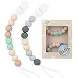 Pacifier Clip Baby Boys Silicone Paci Clip Teething Relief Teether Toy Soothie Binky Holder Chewbeads Birthday Christmas Shower Gift Set of 2 (Beige, Grey)