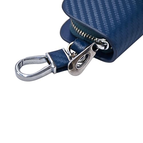 Image of KMH Premium Carbon Fiber Blue Car Key Wallet Bag | Smart Keychain Holder with Metal Hook Keyring Zipper Bag | Wallet for Key Cover Shell Case Pouch Holder, Key Zipper Fob Protector - Pack of 1