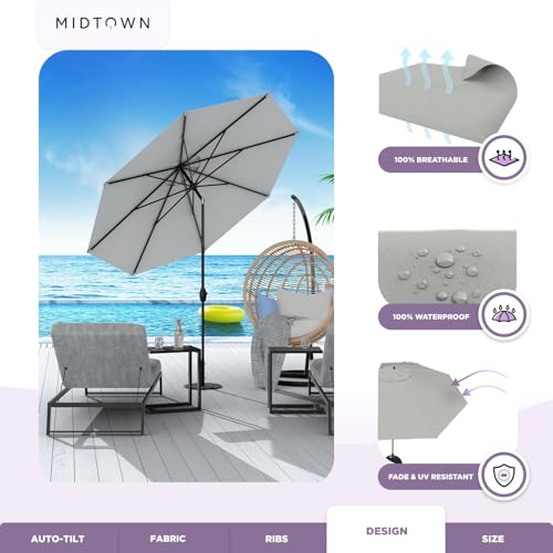 Image of Midtown Umbrellas - 10-Year-No-Fade 10 Ft Patio Umbrella with Terylast Fabric, Auto-Tilt Aluminum Frame and 8 Reinforced Ribs for Deck, Pool, Garden & Beach - Matter Grey Canopy, Black Pole