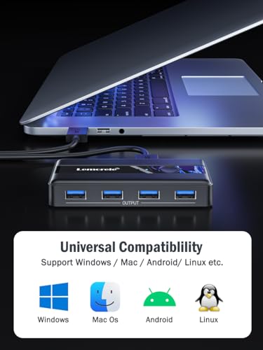 Image of Lemorele USB 3.0 Sharing Switch, 2 Computers Share 4 USB Ports Peripheral Adapter for PC, Printer, Scanner, Mouse, Keyboard - One-Click Switch with 2 USB-A Cables Included