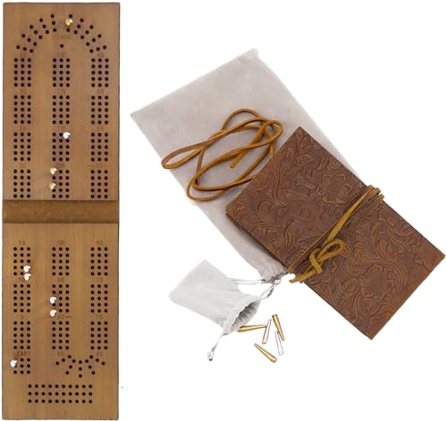 Travel Cribbage Board Game, Leather and Wood Construction, Pocket Size, 3 Track Design
