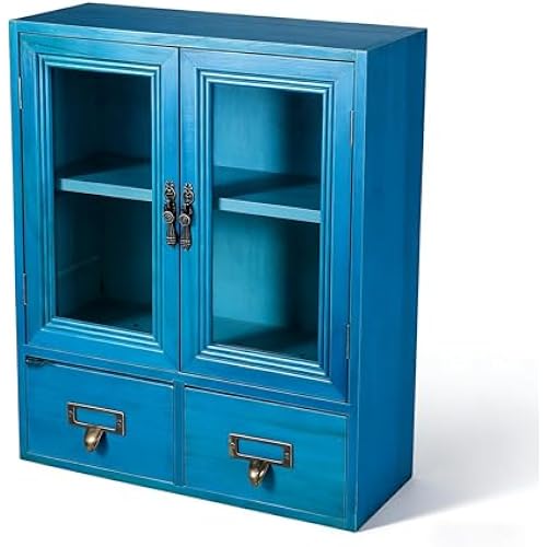 Narrow Vintage Pine Apothecary Cabinet 2 Door 2 Drawer Blue Finish