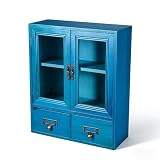 RZGZKLSH Rustic Vintage Mini Wood Counter Top Cabinet,Display Case with Organic Glass Door,Wall Storage Cabinet, that Sits on Countertop-Floating Shelf Organization12 x4.7'x14'(Blue)