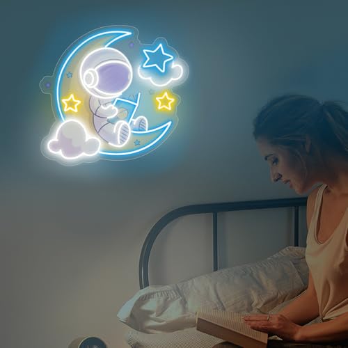 Image of Astronaut Reading Neon Sign Book Artwork Light Reading Corner LED Light | Nursery Room Decor USB Powered Dimmable Gift For Kids Home Wall Decor Room Decoration 15 inchx13.4 inch