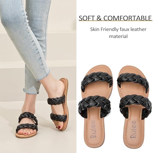 Women's Flat Slides Sandals, Summer Slippers Comfortable Braided Strap Round Open Toe Casual Beach Shoes for Women.2