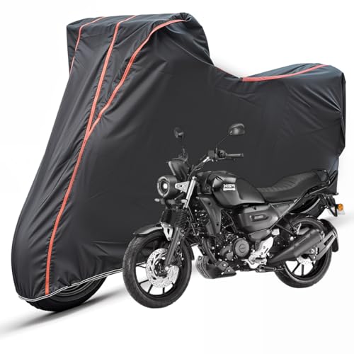Image of Two Wheelers Bike Body Cover Compatible for Yamaha FZX, UV Resistant, Dustproof, Triple Stitched, Elastic Bottom, Red Piping Motorcycle Cover (Black, Pack of 1)