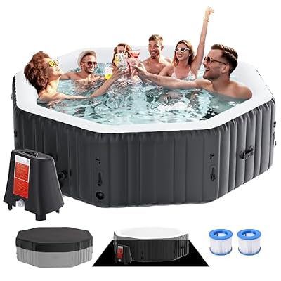 Inflatable Hot Tub, 4-6 Person Large Polygon Blow Up Portable Hot Tub, Leak-Proof PVC Outdoor Spa with 130 Air Jets, Heater Pump and Insulated Cover, 77” X 77”X 25”