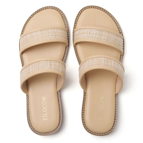 Image of Tilocow Women's Flat Sandals Two Strap Summer Dressy Studded Slide Sandals Open Toe Cute Casual Slip on Comfort Shoes for Beach Travel Daily Wear