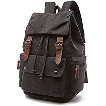 Canvas Backpack Rucksack Genuine Leather Casual Daypack College Bookbag for Men Women Outdoor Cycling Hiking Travel Laptop Black