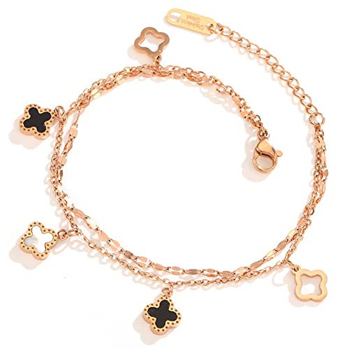 Cfshypd Four-Leaf Clover Titanium Steel Bracelet Bangle, Fashion Simple Rose Gold Double Chain Adjustable Bracelets Bangles, Hypoallergenic Cuff Jewelry Accessories Gift For Mother To Girlfriend #TOP4