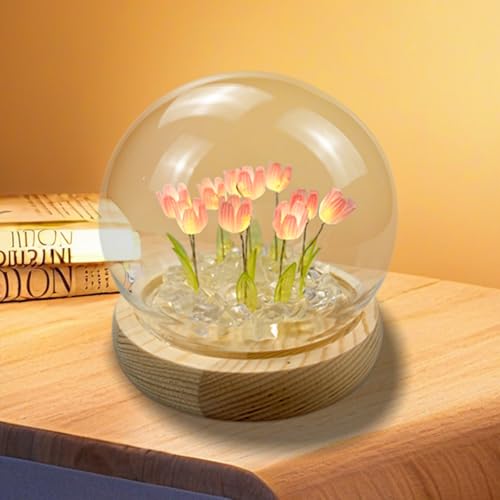 Hyhuiyin Tulip Lamp Night Light, Tulip Flower Lamp with with Glass Dome Cute Flower Fairy Lights Handmade Artificial Flower Table Lamp Room Decor for Women Girlfriend Christmas Birthday Gift(Pink)