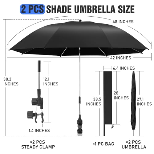 Image of 2 PACK Beach Umbrella with Clamp, 360 Adjustable Umbrellas for Chair, UPF50+ Umbrella for Beach Chair, Patio Chair, Wheelchair, Camping Chair, Golf Carts (Chair Not Included)