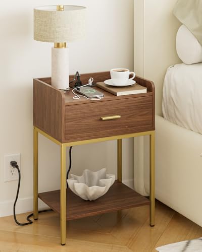 Image of Masupu Nightstand with Charging Station, 3-Tier Modern Bedside Night Stand with Storage Drawer and Shelf, Small End Side Table for Bedroom, Living Room, Walnut