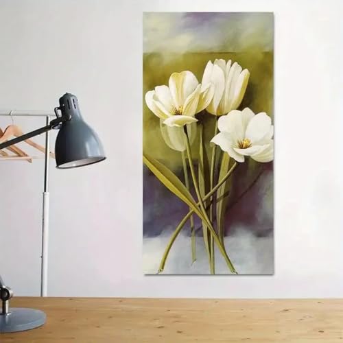 Toile abstraite fleurs blanches pour salon retro scandinave