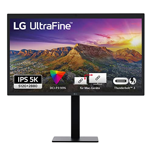 LG Ultrafine 27MD5KL-B, Apple IPS UHD 5K 27 Zoll (5120 x 2880, 12 ms, 500 cd/m², DCI-P3 99%, Thunderbolt 3, USB-C x3, Lautsprecher, Kamera, verstellbar in der Höhe), Schwarz