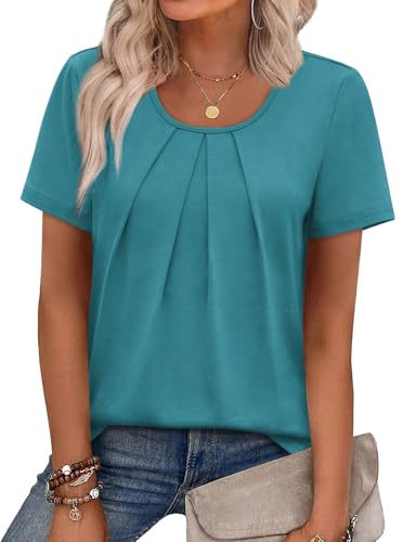 Image of WIHOLL Women T Shirts Pleated Short Sleeve Tops Business Casual Dressy Blouses