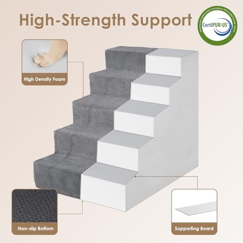Image of EHEYCIGA Dog Stairs for High Bed 25 inch H, 5-Step Extra Wide Dog Steps for Bed, Pet Steps for Small Dogs and Cats, Non-Slip Balanced Pet Ramp Indoor, Grey