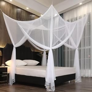 Mosquito Net Bed Canopy for Double Bed, White Netting Four Corner Post Curtains Bed Drape Elegant Mosquito Net