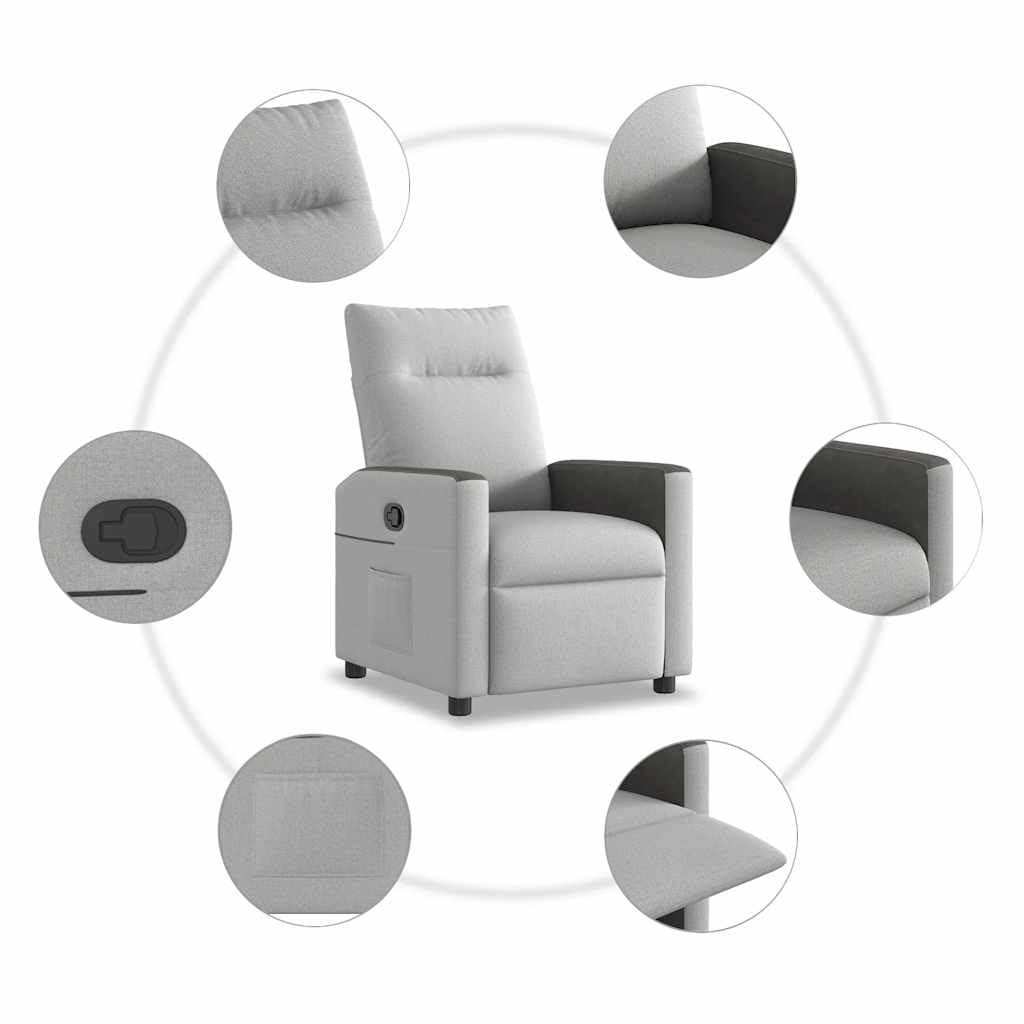 Fotel relaksacyjny w kolorze szarego materiału z ręczną funkcją leżenia, ergonomiczne oparcie, miękka tapicerka, podłokietniki, podnóżek, drewniana rama metalowa do salonu, biura, czytania