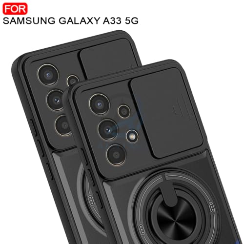 Image of AESTMO Samsung A33 5G Back Cover | Armor Camera Slider 360 Degree Rotating Finger Ring Holder Case with Bracket Stand Back Case Cover (Compatible with MagSafe Accessories) (Black)