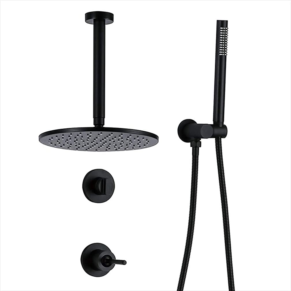 OZBMA Shower Set System, Brass Matte Black Concealed Mixer with 8-12 inch Rainfall Head and Handheld Shower, Ceiling Mount Set,12