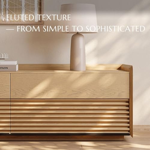 Image of POVISON 95 inch Fully Assembled Mid Century Modern TV Stand with LED Lights, Extra Long Media Console with 6 Drawers, Luxury Wood Slatted Entertainment Center for 85 90 100 Inch TV