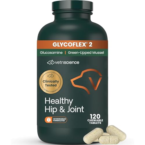 VetriScience Healthy Hip & Joint Chewable Tablets, GlycoFlex Glucosamine and Green-Lipped Mussel Joint Support Supplement for Dogs, Promote Mobility and Protect Joints, Chicken, 120 Count