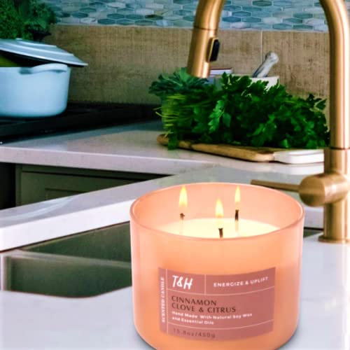 Cinnamon Clove Citrus Scented Candle With Vanilla, Ginger & Cedarwood | Highly Scented 3 Wick Soy Candles For Home 15.8 Oz | Large Relaxing Aromatherapy Candle For Men & Women, Natural Cinnamon Candle #TOP6