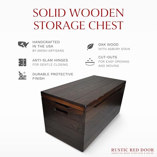 Image of Amish Made Wooden Storage Chest Trunk Box with Lid and Handles for Bedroom, Blanket, Clothes, Anti-Slam Hinges, Handmade, Rustic, Oak Wood, Asbury Stain, 42 inch
