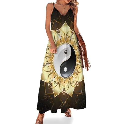 Robe longue Tai Chi Fleur Dorée pour femme en coupe maxi sans manches