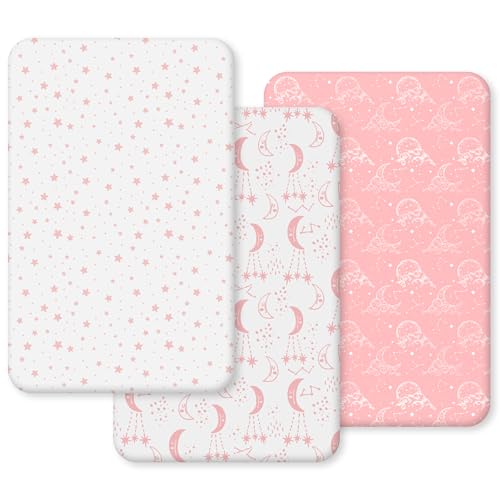 Unnivoll Sábana bajera ajustable de 55 x 90 cm para cuna, pack de 3 sábanas para cuna auxiliar, sábanas bajeras transpirables de microfibra suave y transpirable, sábanas bajeras blancas y rosas