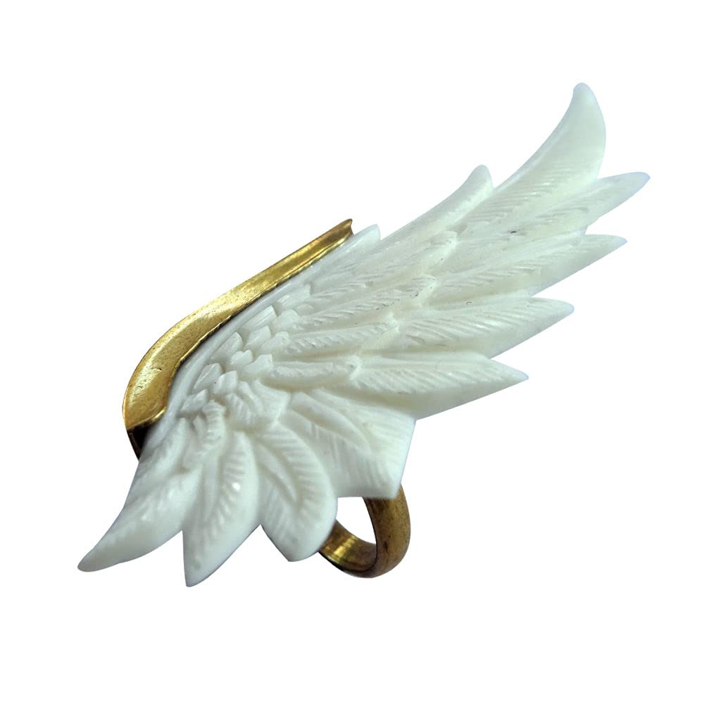 CocoRootsAngel Wing Ring Handmade Carved Brass Boho Unique Design Black and White color