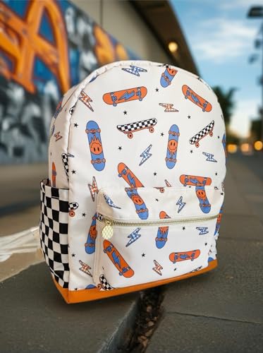 Noa Jayne Co. Boys 16" Backpack Ages 5–8 – Retro Skateboard & Checkered School Bag | Trendy Lightweight Durable Kids Backpack for Elementary & Travel2