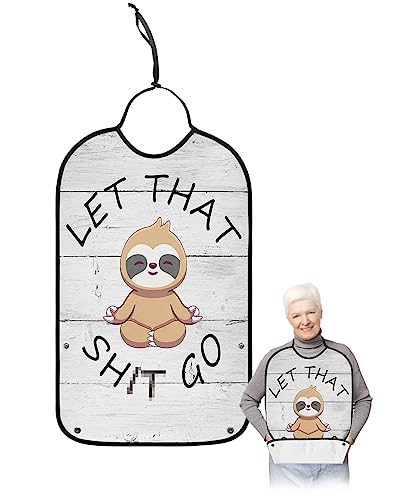 QueenKer Adult Bibs for Eating, Cartoon Sloth Vintage Wooden Waterproof Clothing Protector Washable Adult Bib with Crumb Catcher for Elderly Men and Women Seniors