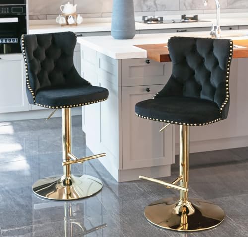 Image of HomeTouch Luxury Velvet Bar Stools Set of 2 Swivel Kitchen Breakfast BarStool Adjusatble Height Bar Chairs with Gold Leg for Counter (2, Black Gold)