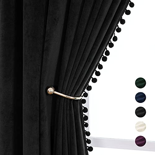 VANASEE Cortinas opacas de terciopelo con pompones para dormitorio, bolsillo para barra, 132 x 160 cm, cortinas opacas suaves para oscurecer la habitación, bloqueo de luz para sala de estar, 2