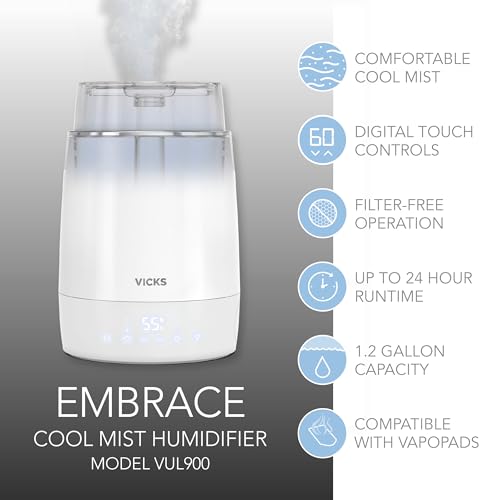 Vicks Embrace Cool Mist Top Fill Humidifier (VUL900), White – Cool Mist Humidifier Top Fill for Bedroom or Office - image 4