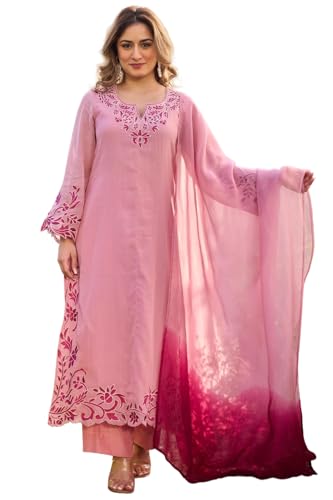 Image of GoSriKi Kurta Sets for Women Viscose Embroidered | Kurti Set for Woman | Straight Kurta Palazzo Dupatta Set | 3 Piece Set Women | Round Neck V-Slit Full Sleeve Stylish Ethnic Outfit Clothing