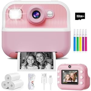 Instant Camera, Front Rear Dual Selfie Kids Camera with 1080P Videos, Holiday Birthday Gifts for Kids Age 3-12, Toddler Portable Travel Print Digital Camera Toy for 4 5 6 7 8 9 Year Boys Girls
