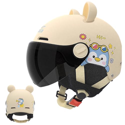 Image of Proberos Kids Bike Helmet for Boys & Girls Ages 5-12, UV400 Sun-Proof Goggle Lightweight Cartoon Bike Helmet with Detachable Ear Guards, Adjustable Chin Strap, Cushion Liner Design, Beige